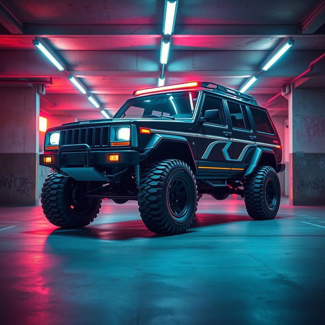 A visually captivating cyberpunk four-seated high suspension 1980-style SUV showcased from a 45-degree front view, located in an underground parking garage