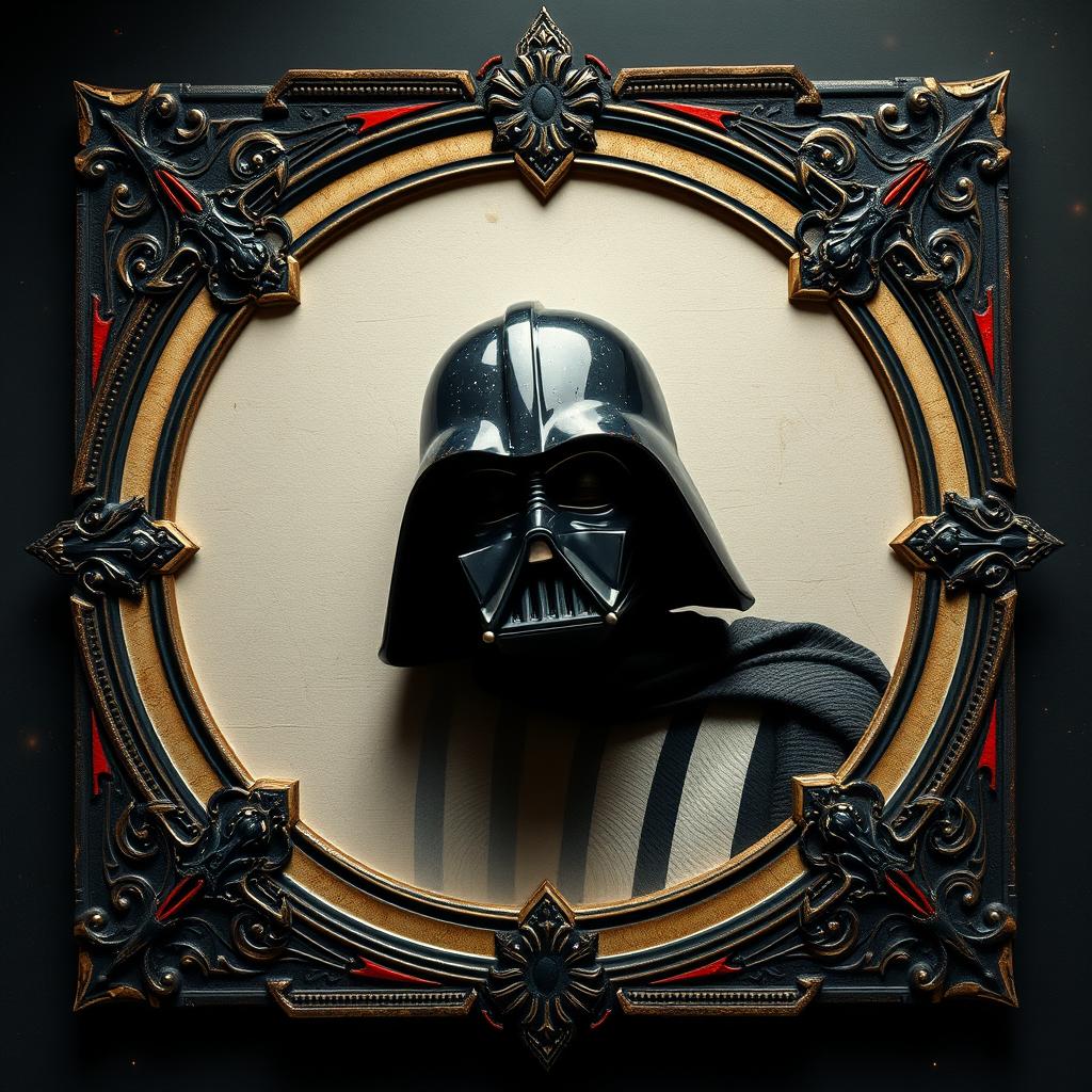 A unique and collectible card inspired by a dying figure reminiscent of Darth Vader without his helmet, capturing a moment of vulnerability