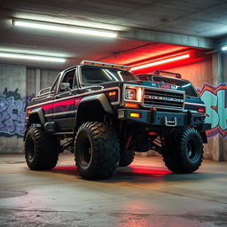 A dynamic depiction of a cyberpunk four-seated high suspension 1980 SUV shown from a 45-degree front view, situated in an underground parking garage