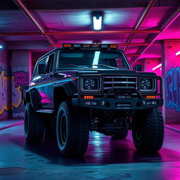 A dynamic depiction of a cyberpunk four-seated high suspension 1980 SUV shown from a 45-degree front view, situated in an underground parking garage