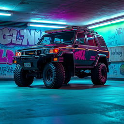 A dynamic depiction of a cyberpunk four-seated high suspension 1980 SUV shown from a 45-degree front view, situated in an underground parking garage