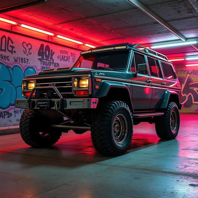 A dynamic depiction of a cyberpunk four-seated high suspension 1980 SUV shown from a 45-degree front view, situated in an underground parking garage