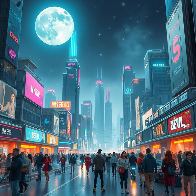 An artistic representation of a futuristic high-tech cityscape at night, filled with neon lights and holographic advertisements