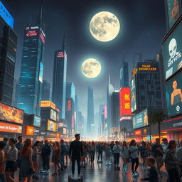 An artistic representation of a futuristic high-tech cityscape at night, filled with neon lights and holographic advertisements