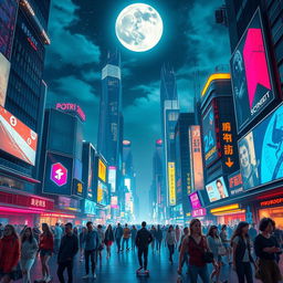 An artistic representation of a futuristic high-tech cityscape at night, filled with neon lights and holographic advertisements