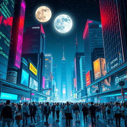 An artistic representation of a futuristic high-tech cityscape at night, filled with neon lights and holographic advertisements