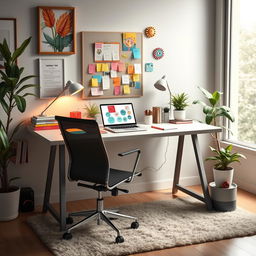 A highly detailed and beautifully arranged workspace, featuring a sleek modern desk with an ergonomic chair, colorful stationery, a laptop open with artistic designs on the screen, potted plants providing a touch of greenery, books stacked neatly, and a large window illuminating the space with natural light