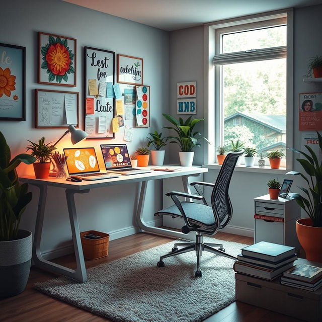 A highly detailed and beautifully arranged workspace, featuring a sleek modern desk with an ergonomic chair, colorful stationery, a laptop open with artistic designs on the screen, potted plants providing a touch of greenery, books stacked neatly, and a large window illuminating the space with natural light