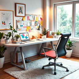 A highly detailed and beautifully arranged workspace, featuring a sleek modern desk with an ergonomic chair, colorful stationery, a laptop open with artistic designs on the screen, potted plants providing a touch of greenery, books stacked neatly, and a large window illuminating the space with natural light
