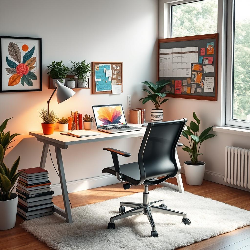 A highly detailed and beautifully arranged workspace, featuring a sleek modern desk with an ergonomic chair, colorful stationery, a laptop open with artistic designs on the screen, potted plants providing a touch of greenery, books stacked neatly, and a large window illuminating the space with natural light