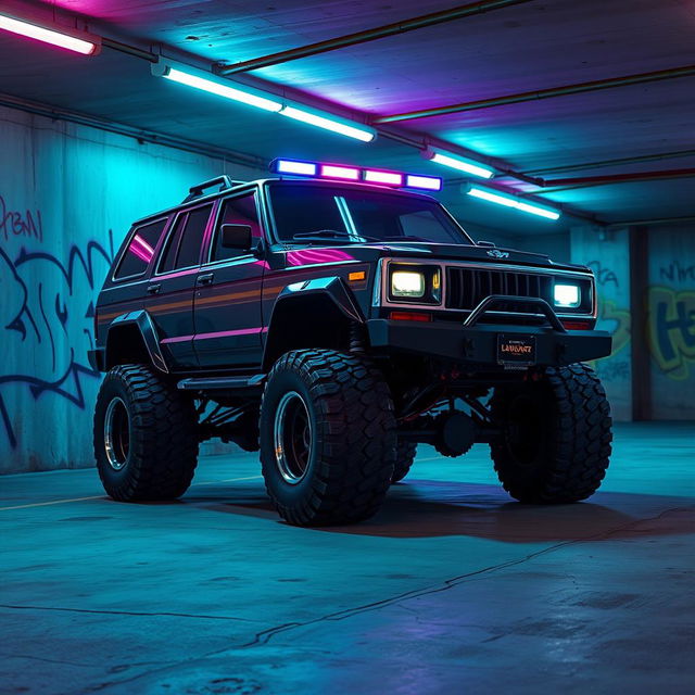 An eye-catching cyberpunk four-seated high suspension 1980 SUV depicted from a 45-degree front view, set in an underground parking garage