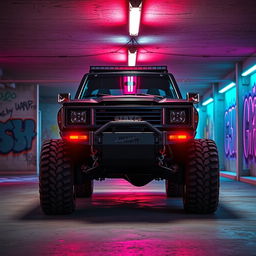 An eye-catching cyberpunk four-seated high suspension 1980 SUV depicted from a 45-degree front view, set in an underground parking garage