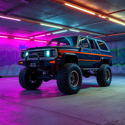 An eye-catching cyberpunk four-seated high suspension 1980 SUV depicted from a 45-degree front view, set in an underground parking garage