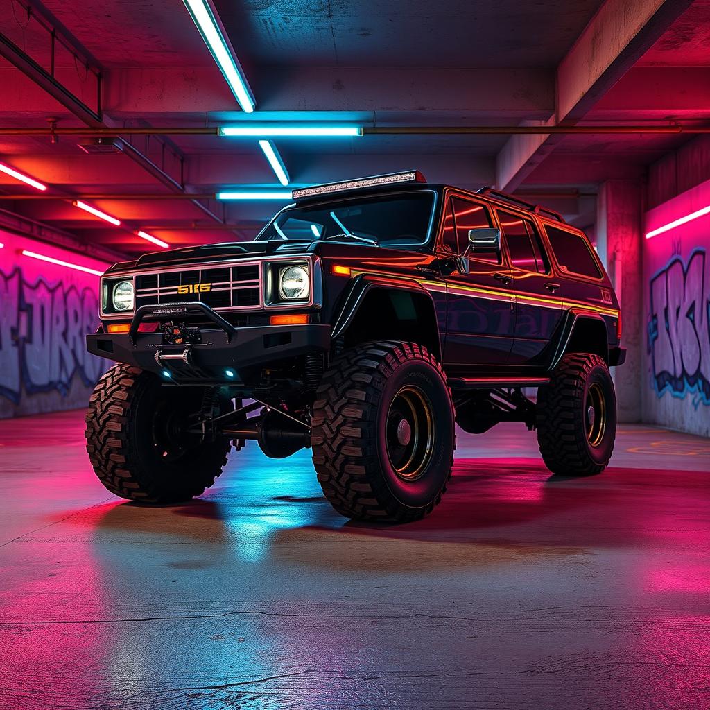 An eye-catching cyberpunk four-seated high suspension 1980 SUV depicted from a 45-degree front view, set in an underground parking garage