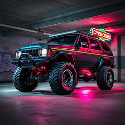 A striking cyberpunk four-seated high suspension 1980 SUV captured from a 45-degree front view, positioned within an underground parking garage