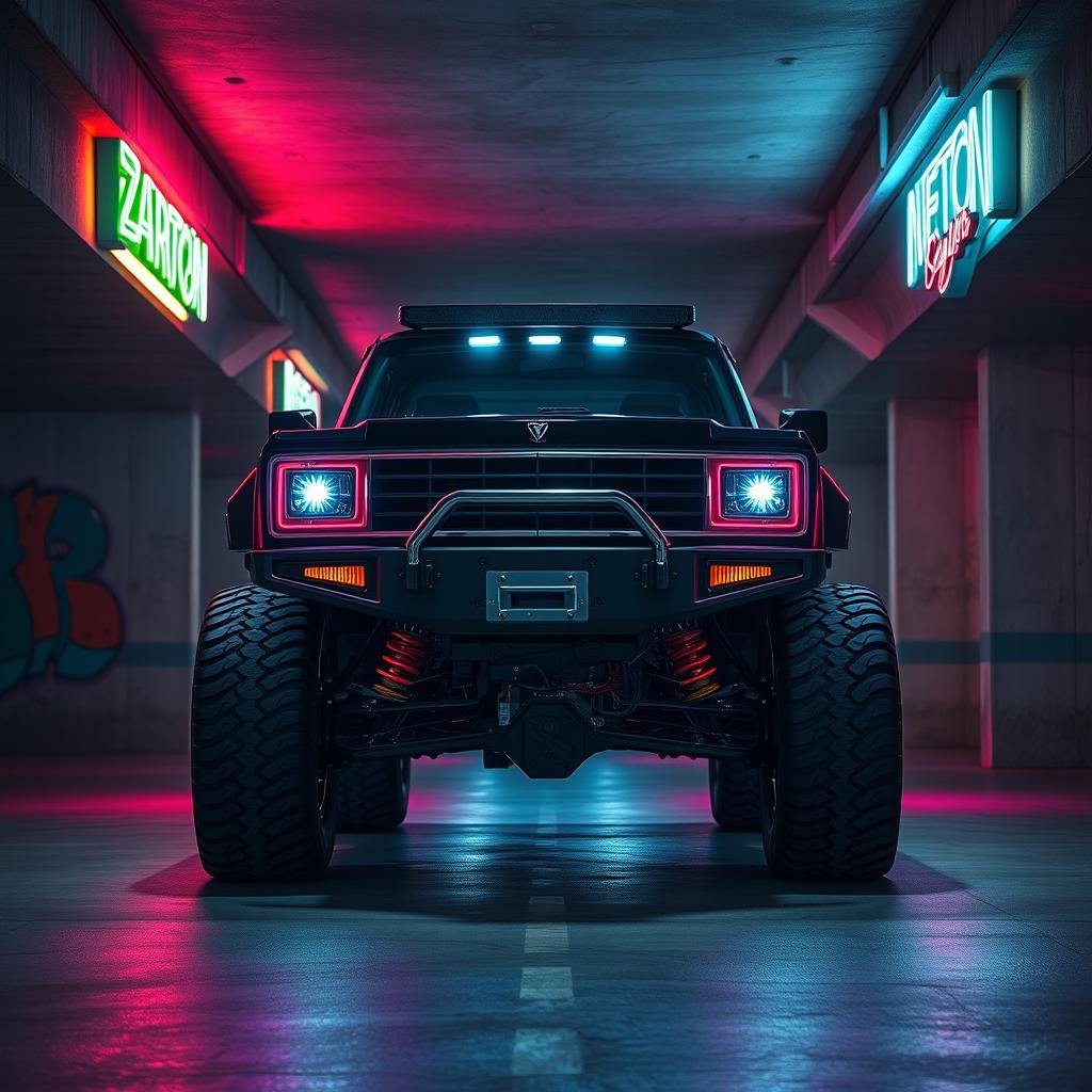 A striking cyberpunk four-seated high suspension 1980 SUV captured from a 45-degree front view, positioned within an underground parking garage