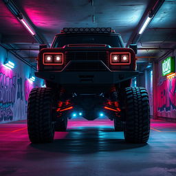 A striking cyberpunk four-seated high suspension 1980 SUV captured from a 45-degree front view, positioned within an underground parking garage