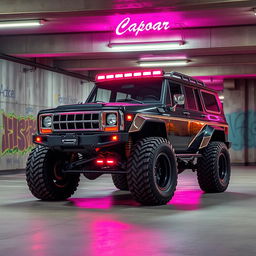 A striking cyberpunk four-seated high suspension 1980 SUV captured from a 45-degree front view, positioned within an underground parking garage