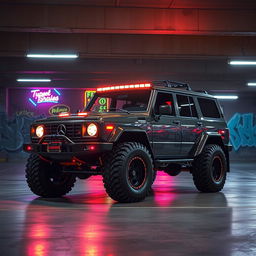 A captivating image of a cyberpunk four-seated high suspension 1980 SUV displayed from a 45-degree front view in an underground parking garage