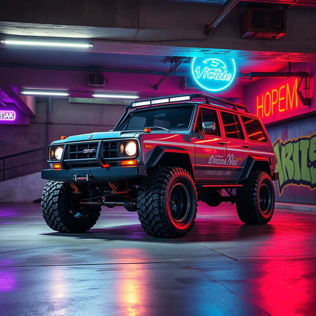 A captivating image of a cyberpunk four-seated high suspension 1980 SUV displayed from a 45-degree front view in an underground parking garage