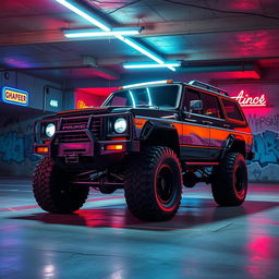 A captivating image of a cyberpunk four-seated high suspension 1980 SUV displayed from a 45-degree front view in an underground parking garage