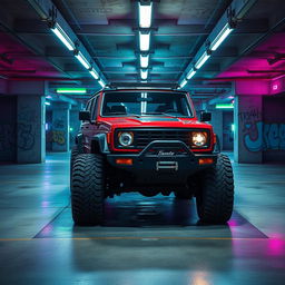 A captivating image of a cyberpunk four-seated high suspension 1980 SUV displayed from a 45-degree front view in an underground parking garage