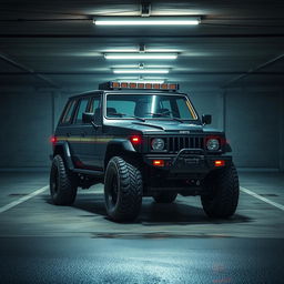 A captivating cyberpunk four-seated high suspension 1980 SUV displayed from a 45-degree front view, positioned within an underground parking garage