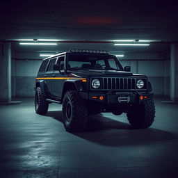 A captivating cyberpunk four-seated high suspension 1980 SUV displayed from a 45-degree front view, positioned within an underground parking garage