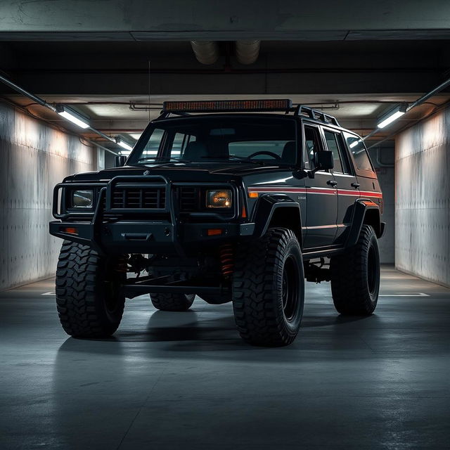 A captivating cyberpunk four-seated high suspension 1980 SUV displayed from a 45-degree front view, positioned within an underground parking garage