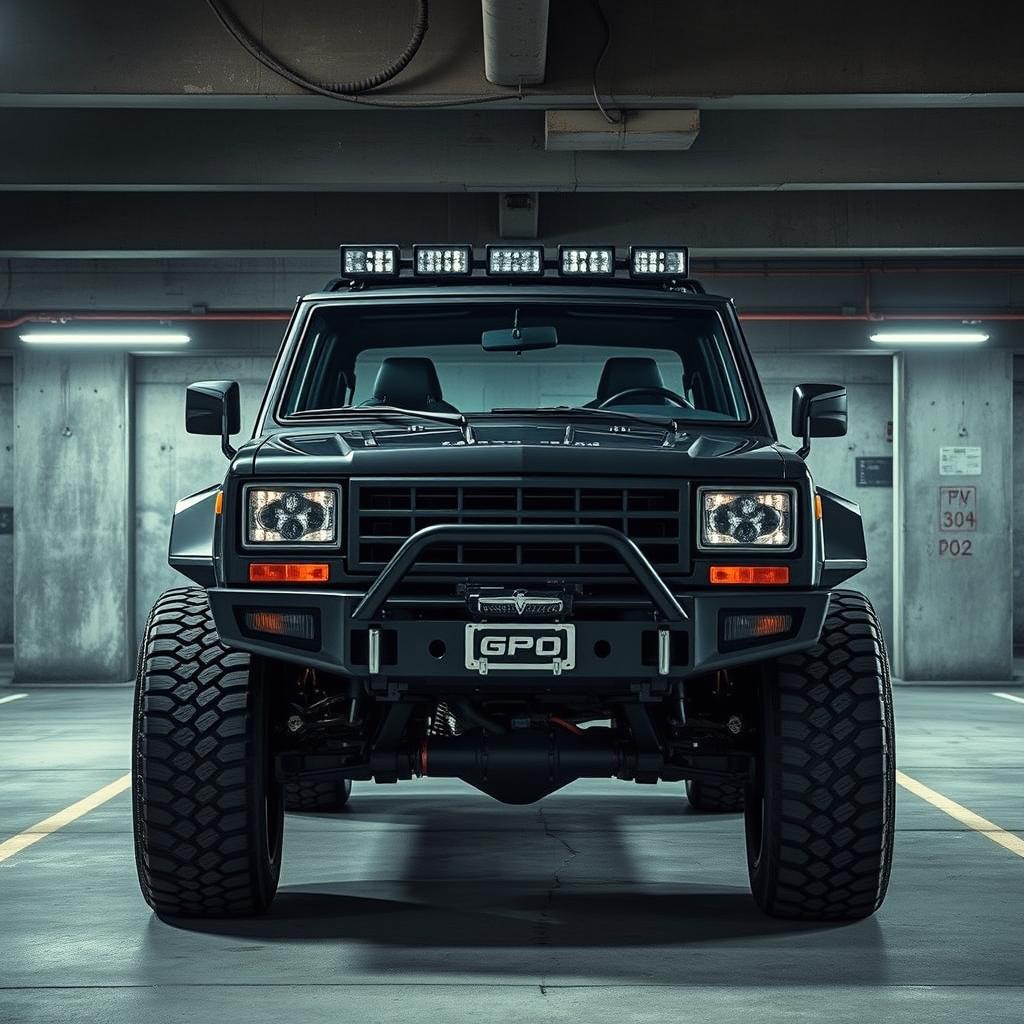 A captivating cyberpunk four-seated high suspension 1980 SUV displayed from a 45-degree front view, positioned within an underground parking garage