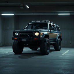 A captivating cyberpunk four-seated high suspension 1980 SUV presented from a 45-degree front view, located in a dimly lit underground parking garage
