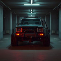 A captivating cyberpunk four-seated high suspension 1980 SUV presented from a 45-degree front view, located in a dimly lit underground parking garage