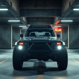 A captivating cyberpunk four-seated high suspension 1980 SUV presented from a 45-degree front view, located in a dimly lit underground parking garage