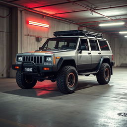 A captivating cyberpunk four-seated high suspension 1980 SUV presented from a 45-degree front view, located in a dimly lit underground parking garage
