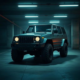 A striking depiction of a cyberpunk four-seated high suspension 1980 SUV shown from a 45-degree front view in an underground parking garage