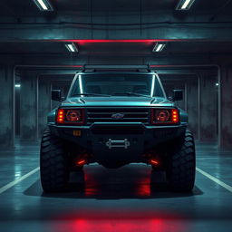A striking depiction of a cyberpunk four-seated high suspension 1980 SUV shown from a 45-degree front view in an underground parking garage