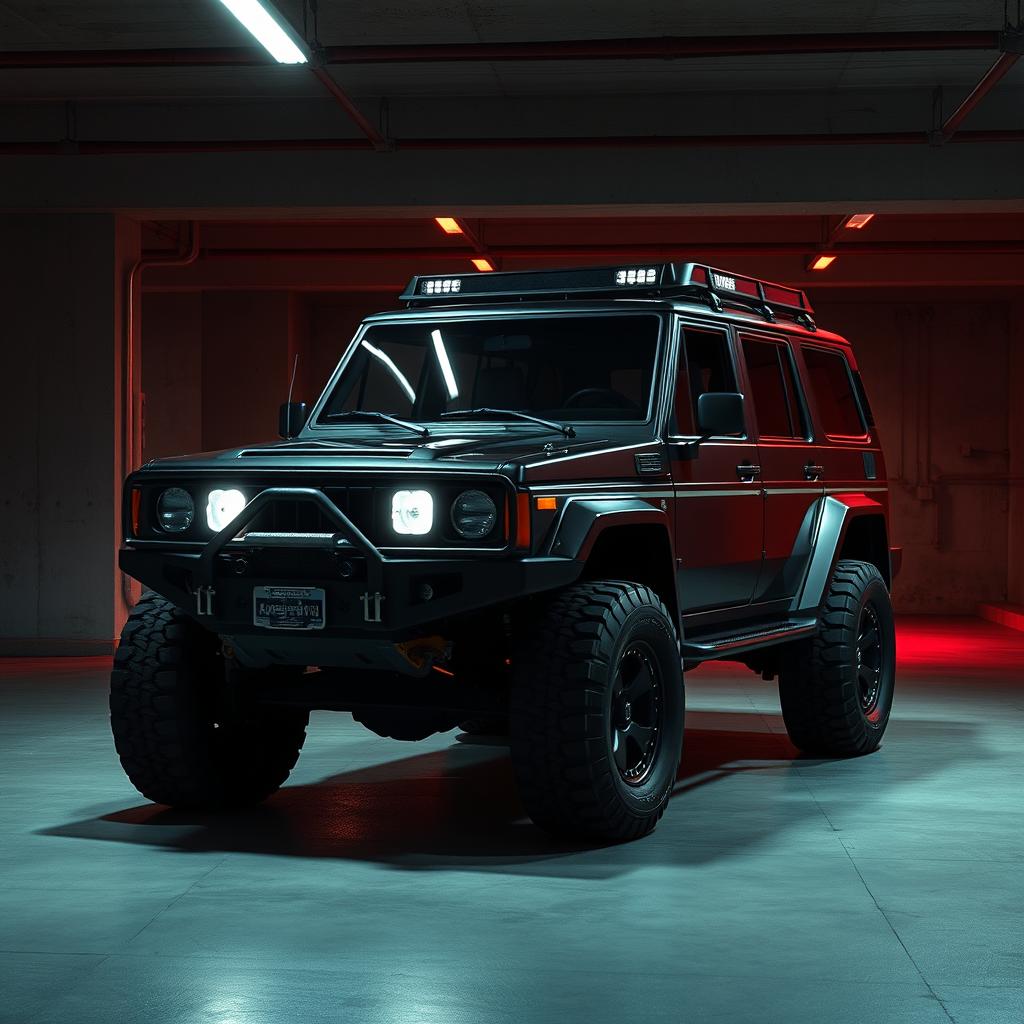 A striking depiction of a cyberpunk four-seated high suspension 1980 SUV shown from a 45-degree front view in an underground parking garage