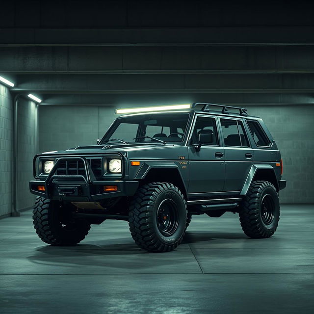 A striking depiction of a cyberpunk four-seated high suspension 1980 SUV shown from a 45-degree front view in an underground parking garage