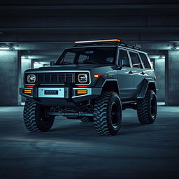 A visually striking cyberpunk four-seated high suspension 1980 SUV shown from a 45-degree front view, set in a shadowy underground parking garage