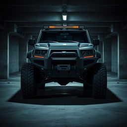 A visually striking cyberpunk four-seated high suspension 1980 SUV shown from a 45-degree front view, set in a shadowy underground parking garage