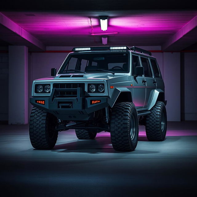 A visually striking cyberpunk four-seated high suspension 1980 SUV shown from a 45-degree front view, set in a shadowy underground parking garage