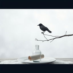 A serene winter scene featuring a tree branch entering from the right side of the frame, with an old crow perched on it