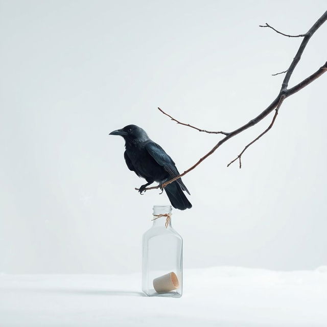 A serene winter scene featuring a tree branch entering from the right side of the frame, with an old crow perched on it