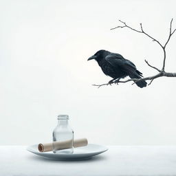 A serene winter scene featuring a tree branch entering from the right side of the frame, with an old crow perched on it