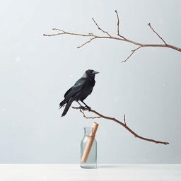 A calm early winter scene featuring a tree branch entering from the right side of the frame, with an old crow perched on it