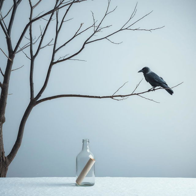 A calm early winter scene featuring a tree branch entering from the right side of the frame, with an old crow perched on it