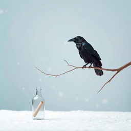 A calm early winter scene featuring a tree branch entering from the right side of the frame, with an old crow perched on it