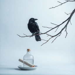 A calm early winter scene featuring a tree branch entering from the right side of the frame, with an old crow perched on it