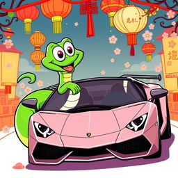 A green cartoon snake joyfully riding a stylish Lamborghini, set against a festive Chinese New Year background
