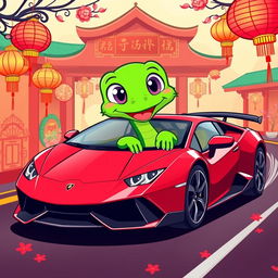 A green cartoon snake joyfully riding a stylish Lamborghini, set against a festive Chinese New Year background